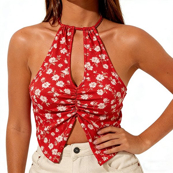 Hollow-Back Pleated Women's Cami - Summer Tie-Waist Casual Sleeveless